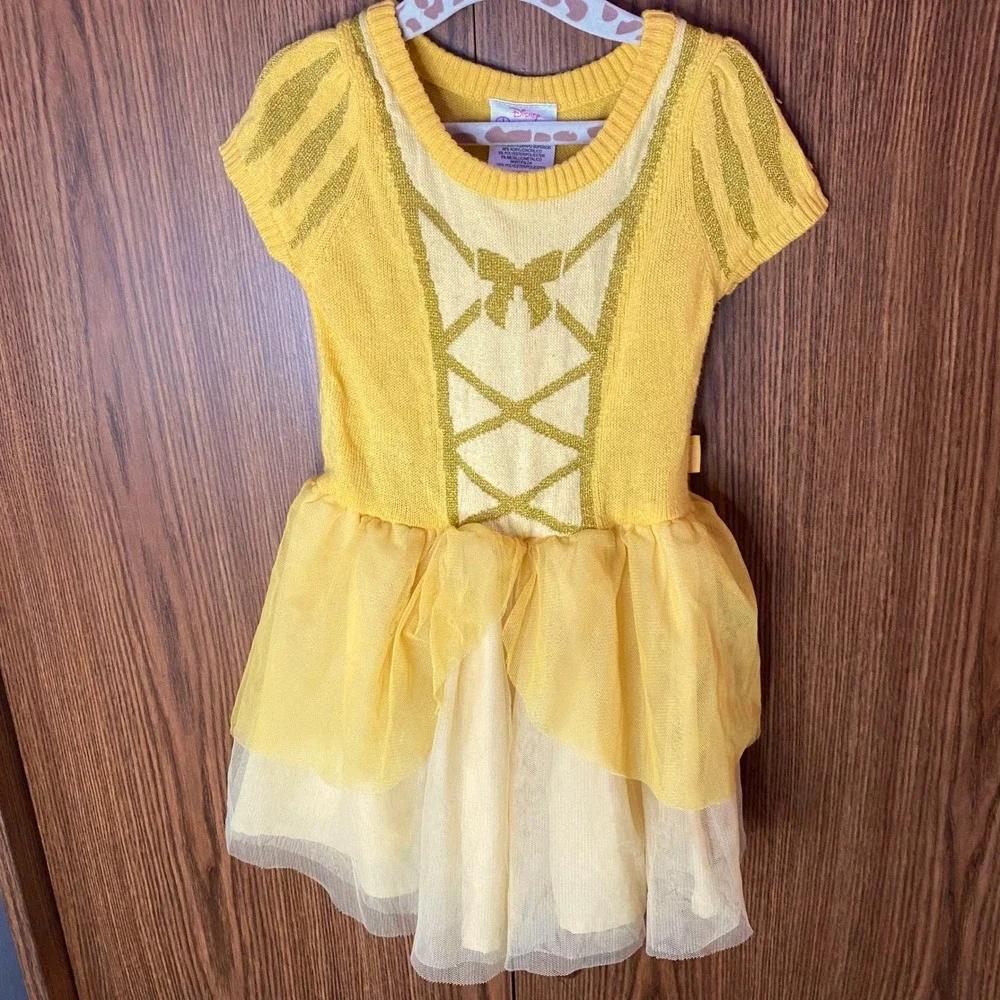 Disney Princess Belle Sweater Dress Toddler 2T Yellow Gold Glitter Tulle Skirt